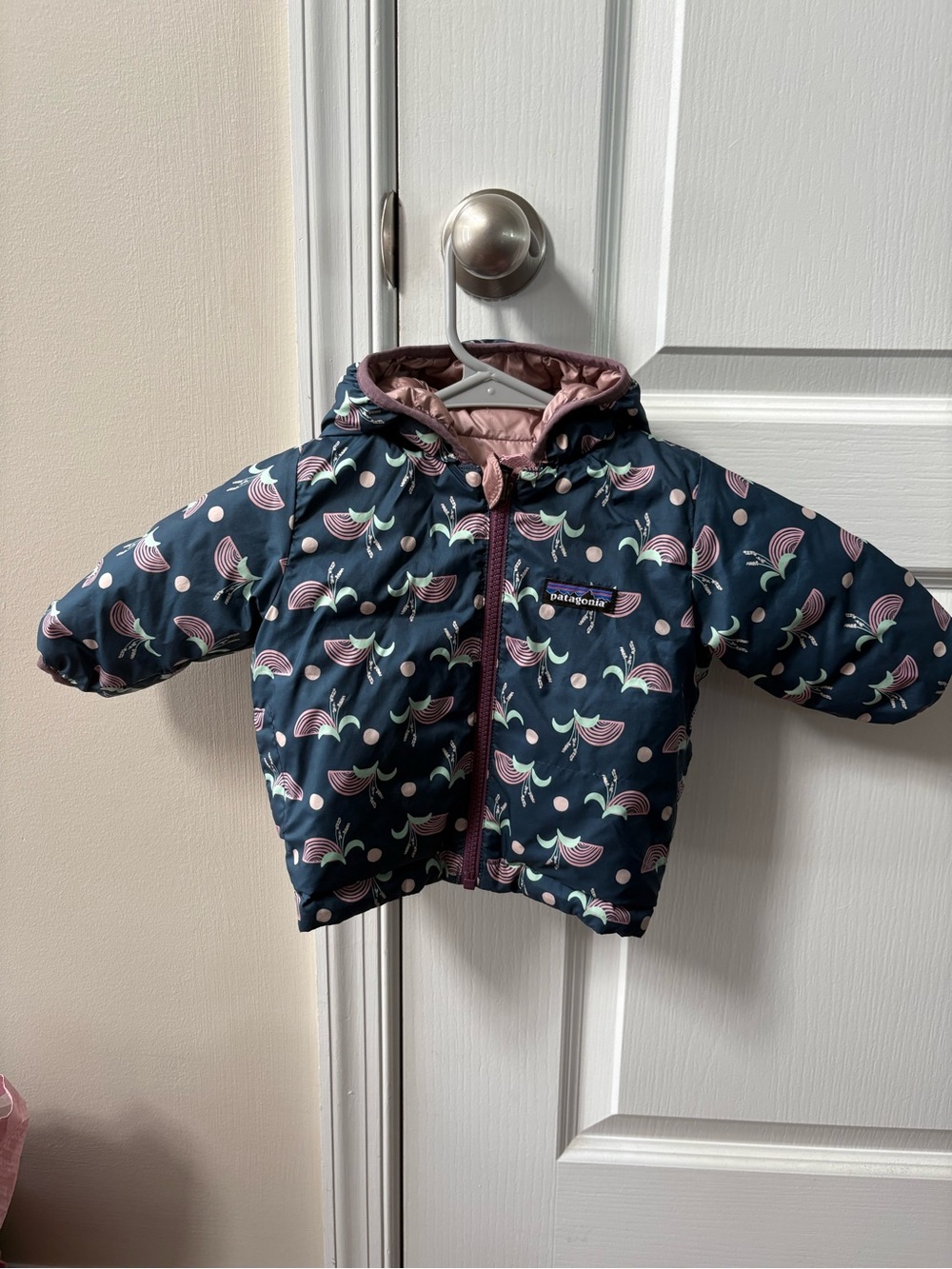 Patagonia Navy and Purple Toddler Hooded Puffer Jacket